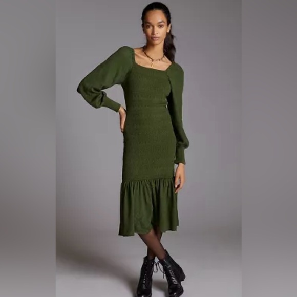 🆕 ANTHROPOLOGIE Smocked Puffy-Sleeved Midi Dress Dark Moss Green S - Picture 1 of 13